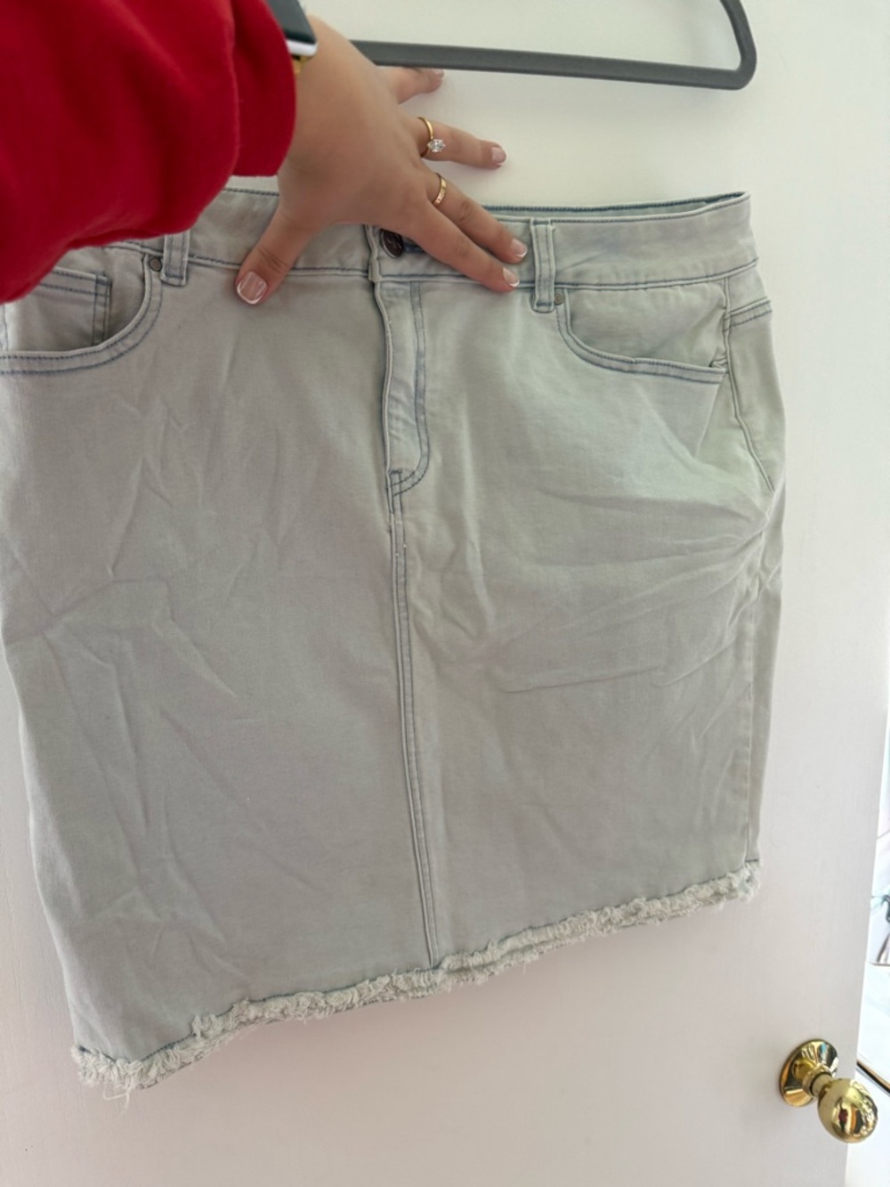 Renuar Light Gray Denim Mini Skirt with Frayed Hem